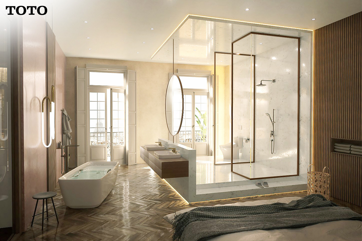 A spacious bathroom with a modern design with TOTO fittings