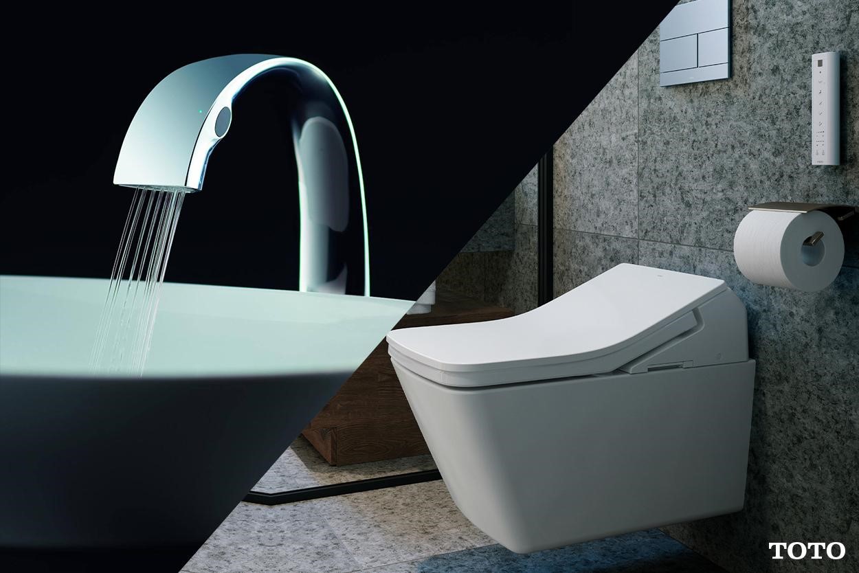 touchless faucet and high tech toilet bowl